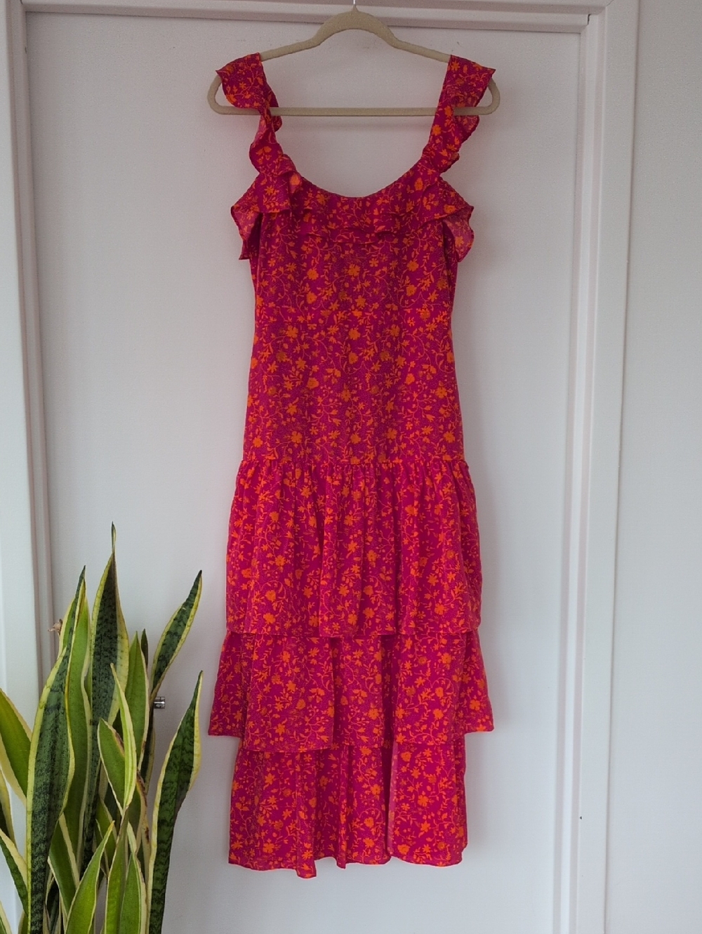 LIKELY - Bright Pink & Orange Floral Tiered Sundress
